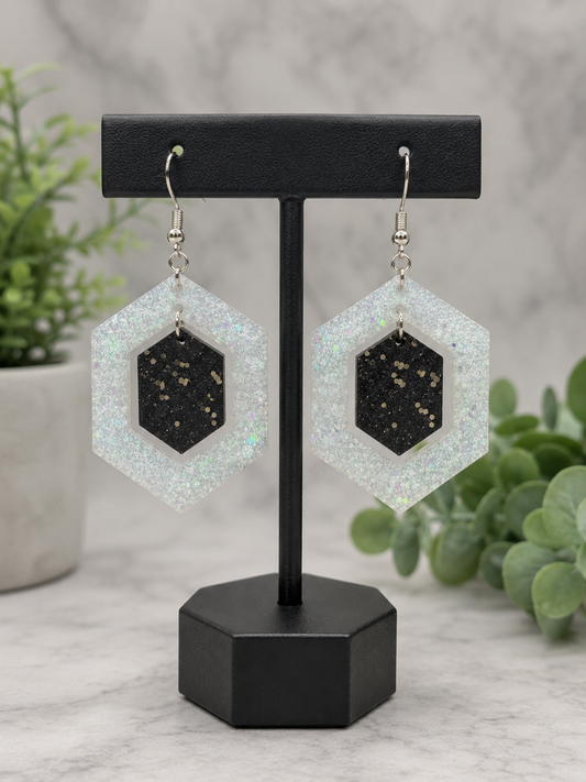 Black & White Glitter Hexagon Earrings
