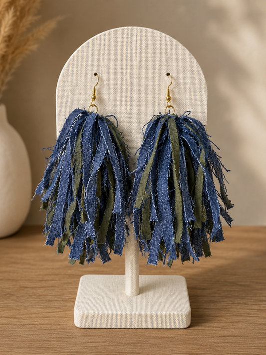 Blue Denim Tassel Earrings