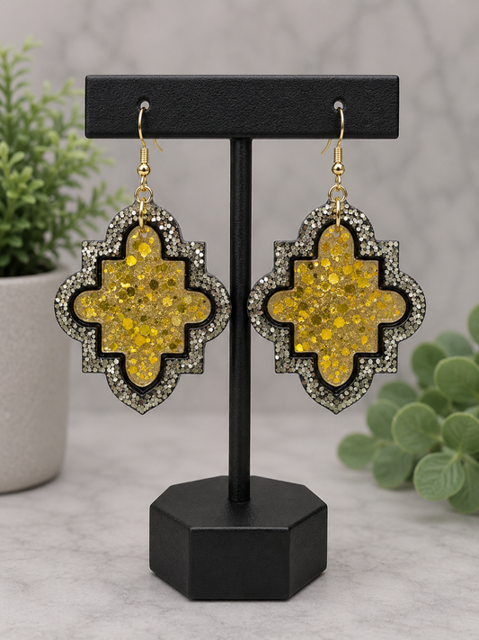 Gold Glitter Quatrefoil Earrings