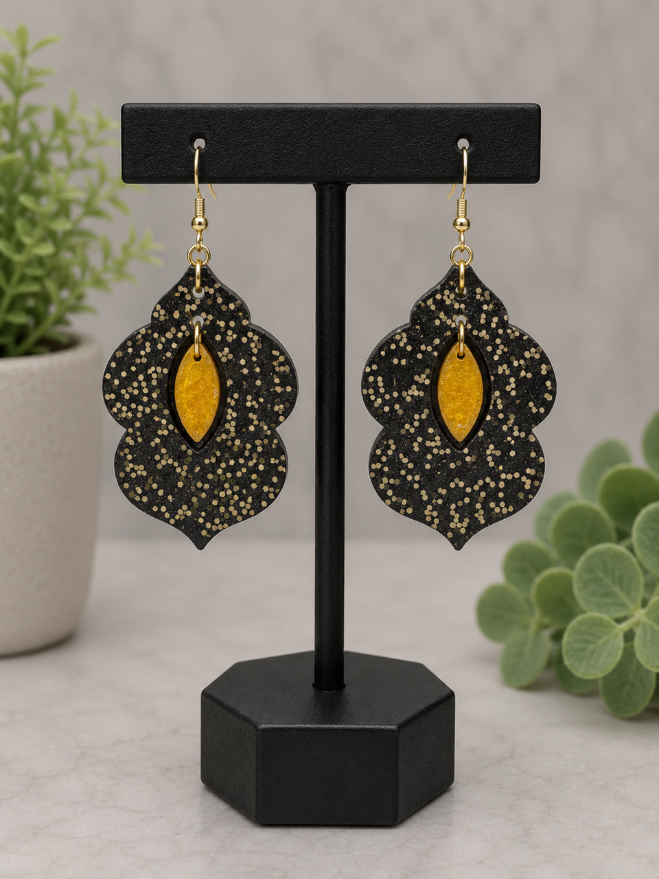 Black & Gold Glitter Statement Earrings