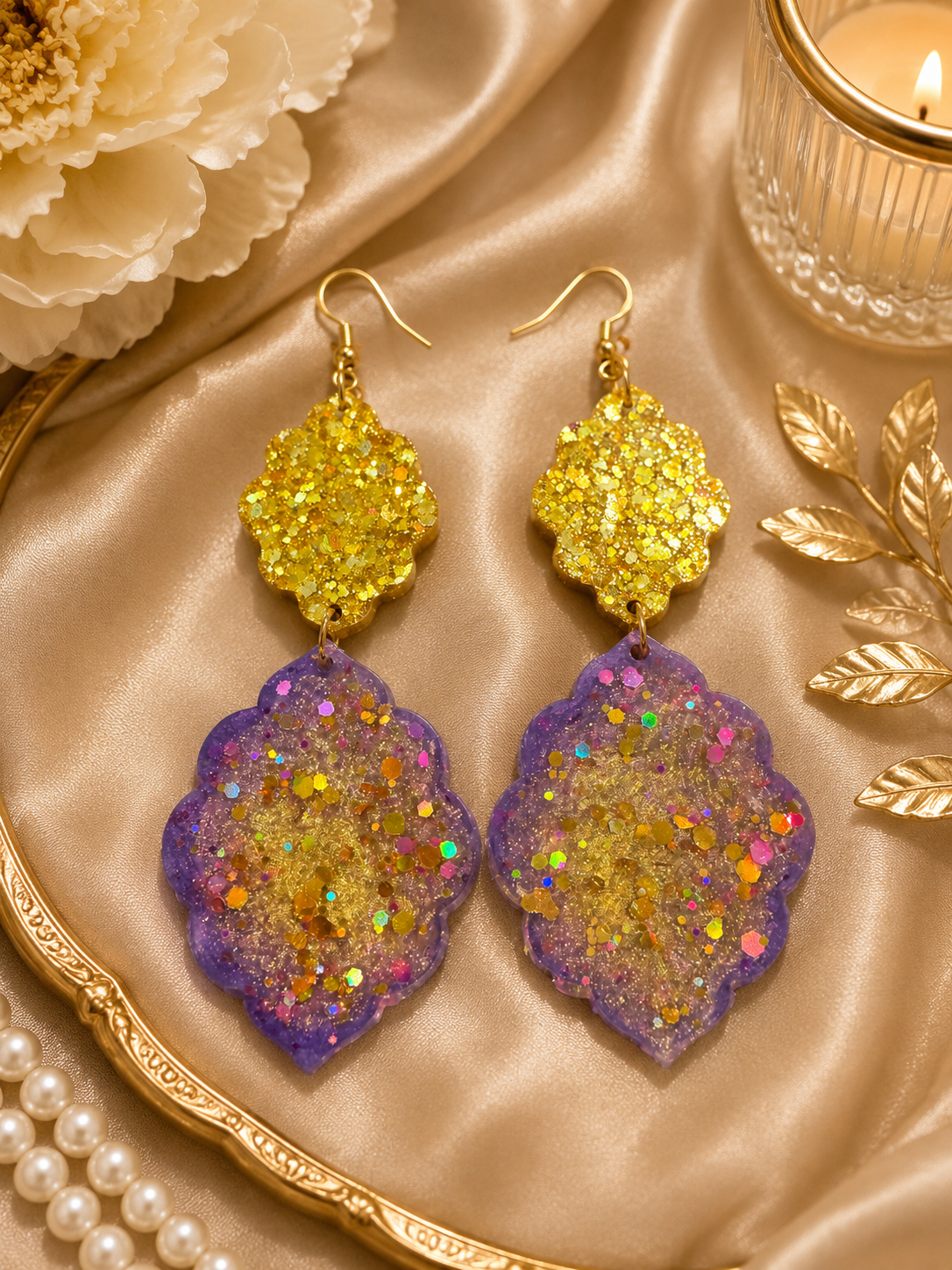 Purple &amp; Gold Glitter Statement Earrings